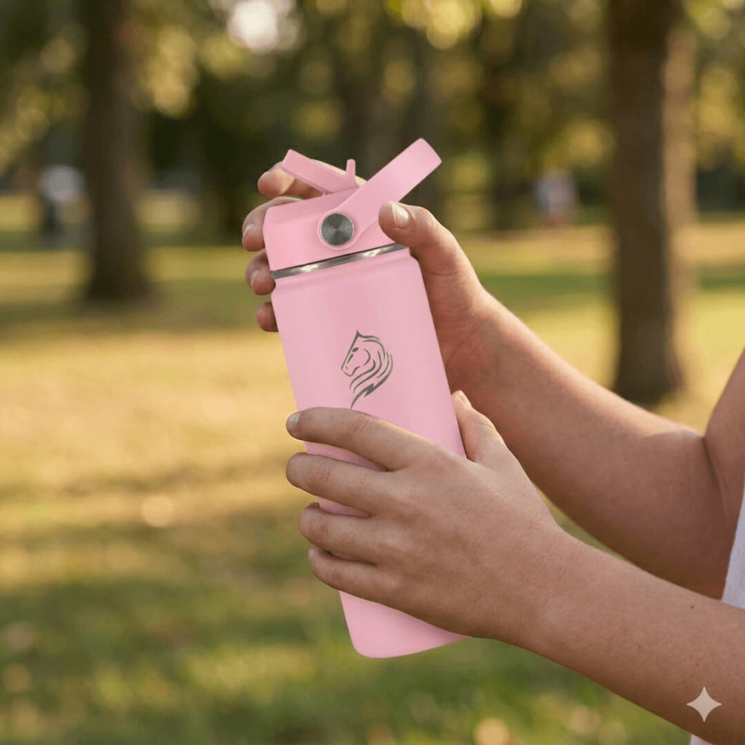 Coolnmore Flamingo παιδικο παγουρι θερμος 350ml και θερμός καφε. Person holding a pink water bottle with a straw lid in a park setting