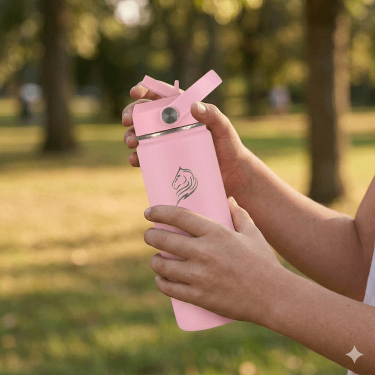 Coolnmore Flamingo παιδικο παγουρι θερμος 350ml και θερμός καφε. Person holding a pink water bottle with a straw lid in a park setting