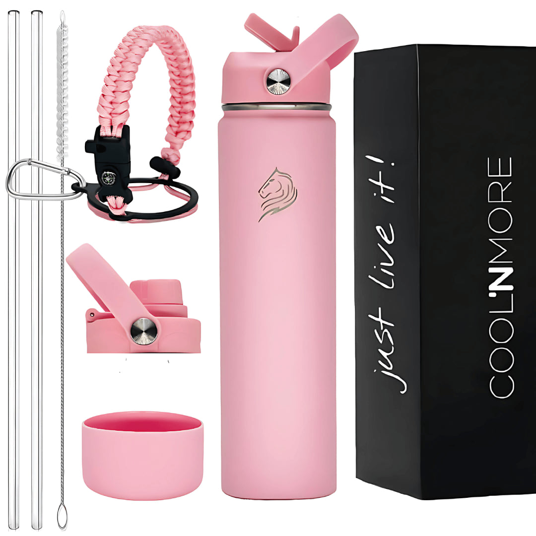Coolnmore Flamingo θερμός νερού 750ml.  Pink water bottle set with accessories and 'Cool'n'More' packaging on a white background