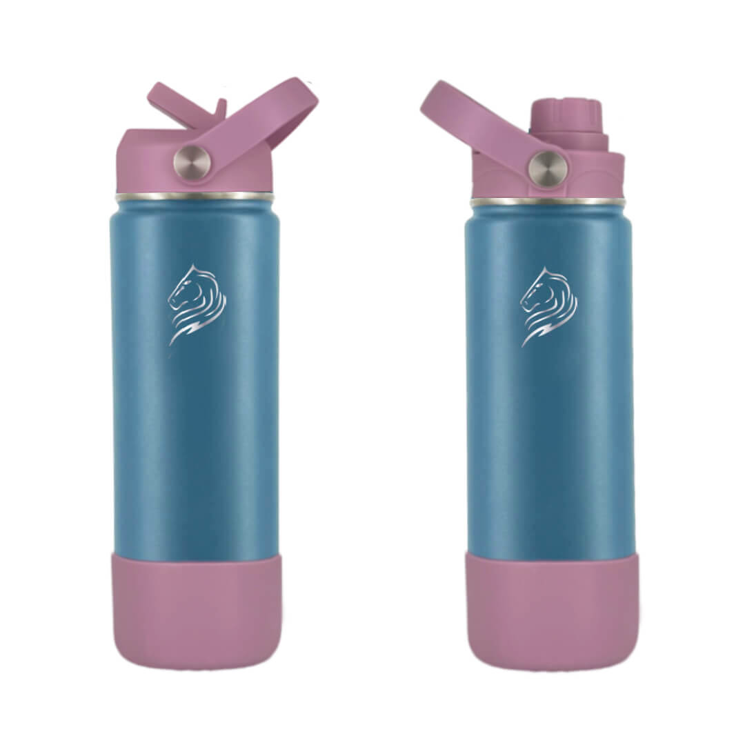 Two blue water bottles with pink accents on a white background for Coolnmore Flow παγουρι θερμος 500ml. Pink and  blue