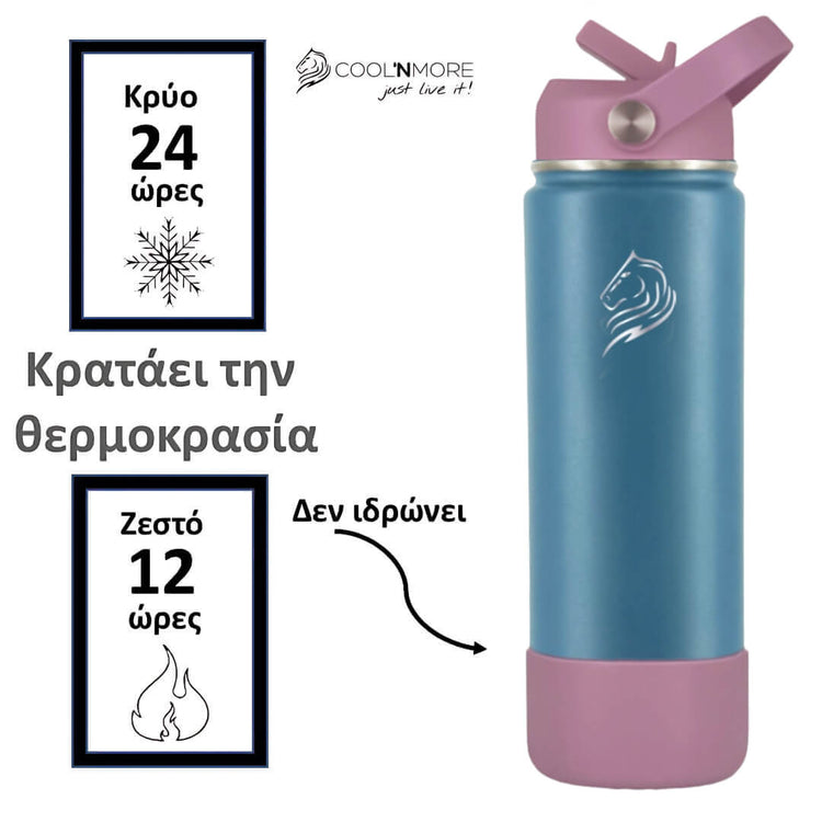 Coolnmore Flow παγουρι θερμος 500ml. Pink and light blue insulated bottle with brand logo and temperature display text on a white background