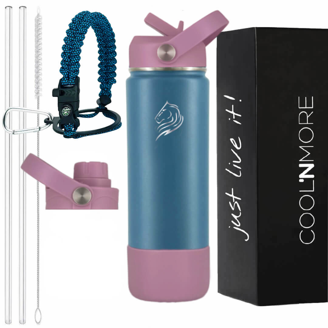 Coolnmore Flow παγουρι θερμος 500ml. Pink and light blue water bottle with accessories and 'Cool'n'More' packaging.