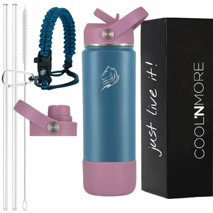 Coolnmore Flow παγουρι θερμος 500ml. Pink and light blue water bottle with accessories and 'Cool'n'More' packaging.
