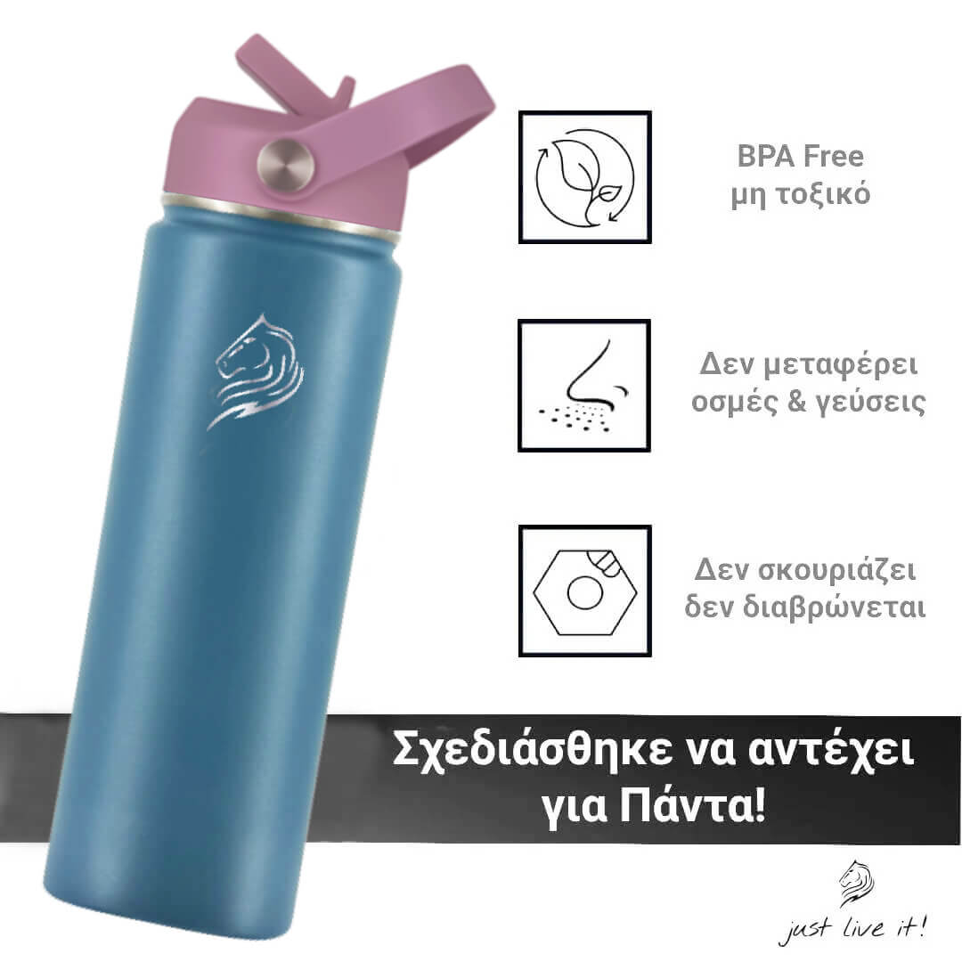 Coolnmore Flow παγουρι θερμος 500ml. Pink and light blue water bottle with gray cap on a white background, featuring BPA-free and other product details
