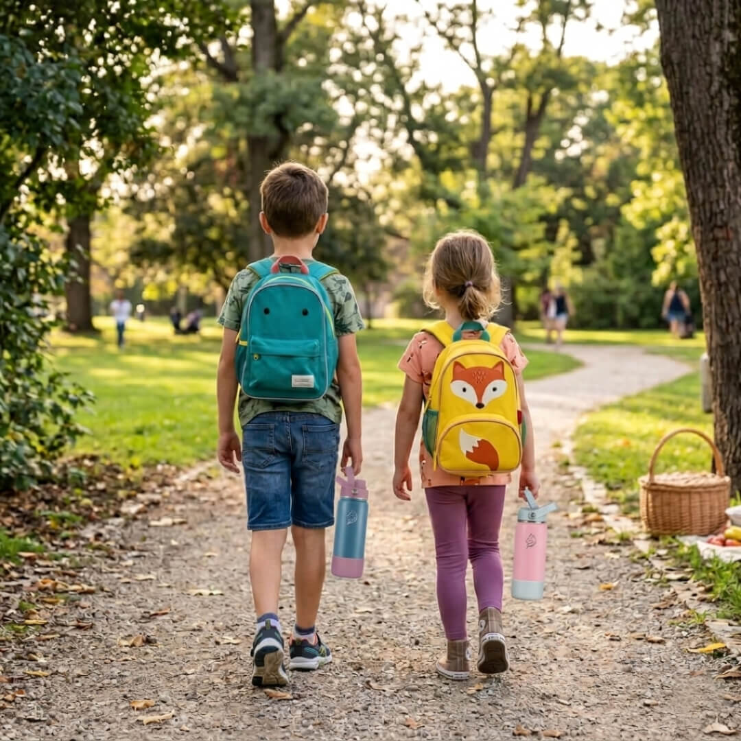 Two children with colorful backpacks walking on a path in a park. Coolnmore Flow παγουρι θερμος 500ml