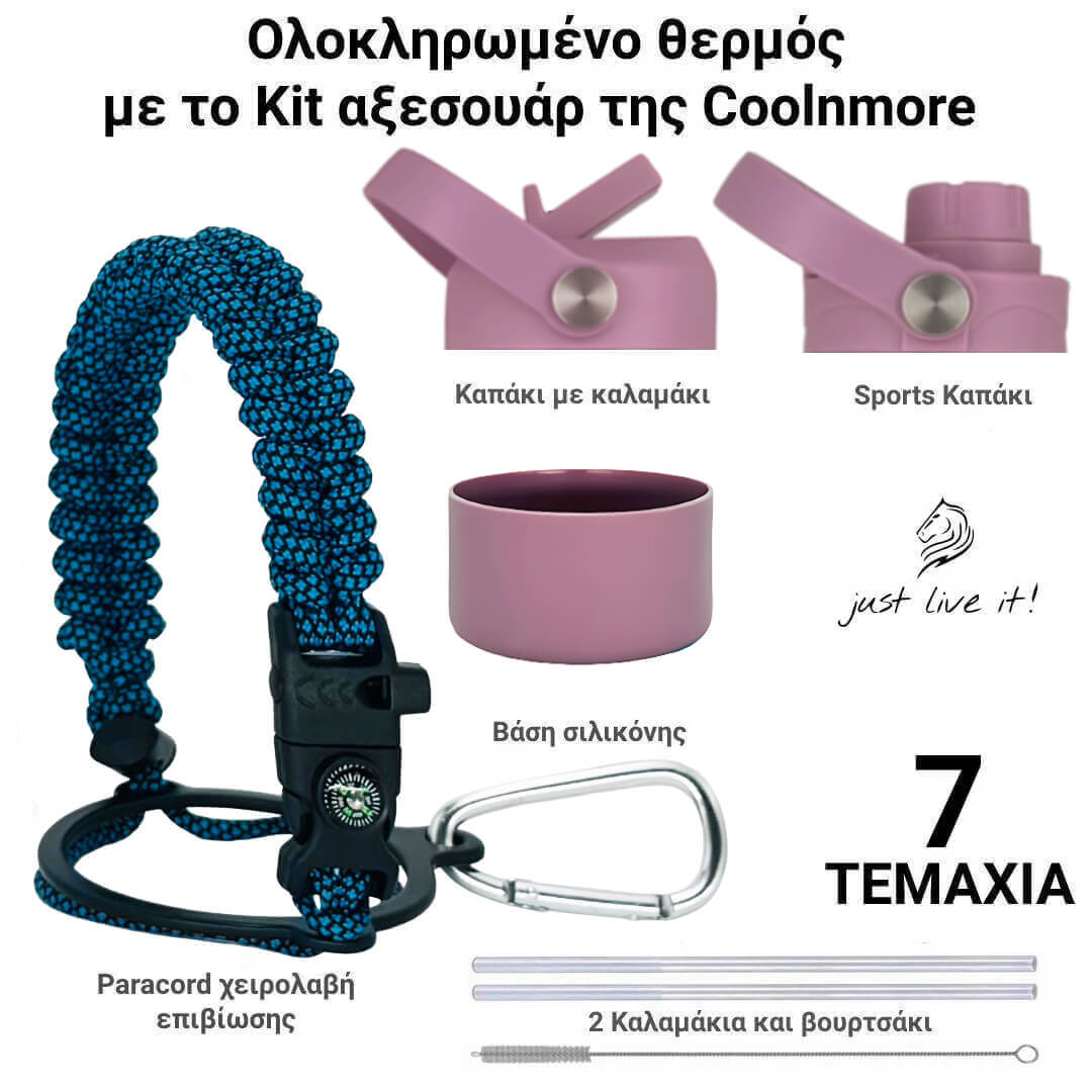 set 7 αξεσουαρ για Coolnmore Flow παγουρι θερμος 500ml. Pink and light blue of outdoor gear with pink paracord, carabiner, and other components on a white background.