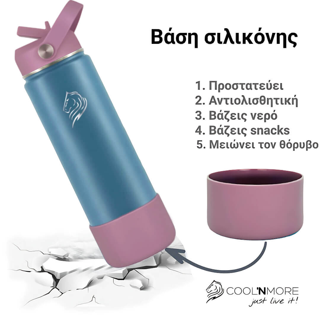Pink water bottle with silicone base and text on a white background for Coolnmore Flow παγουρι θερμος 500ml. color Pink and light blue