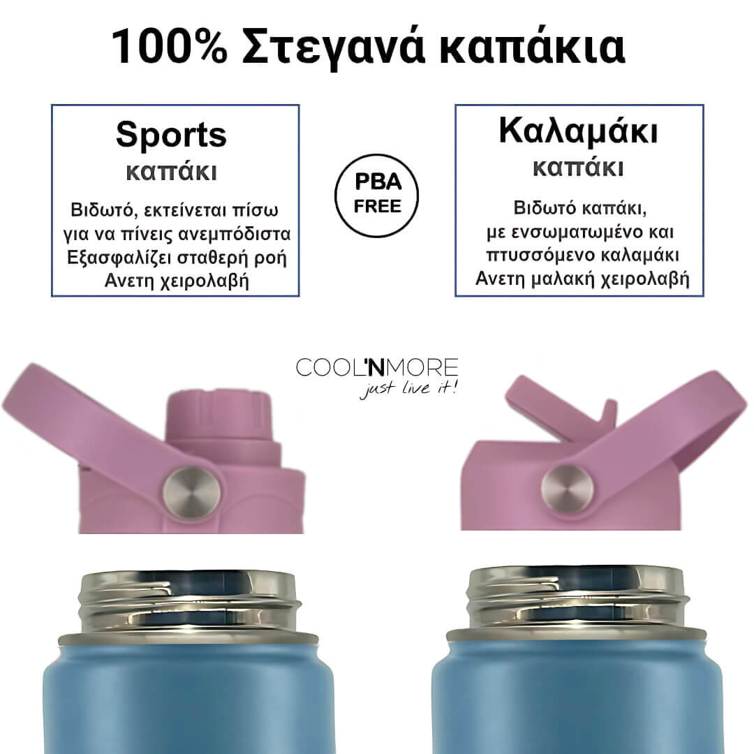 Coolnmore Flow παγουρι θερμος 500ml. Pink and light blue water bottles with different types of caps on a white background, featuring text in Greek.
