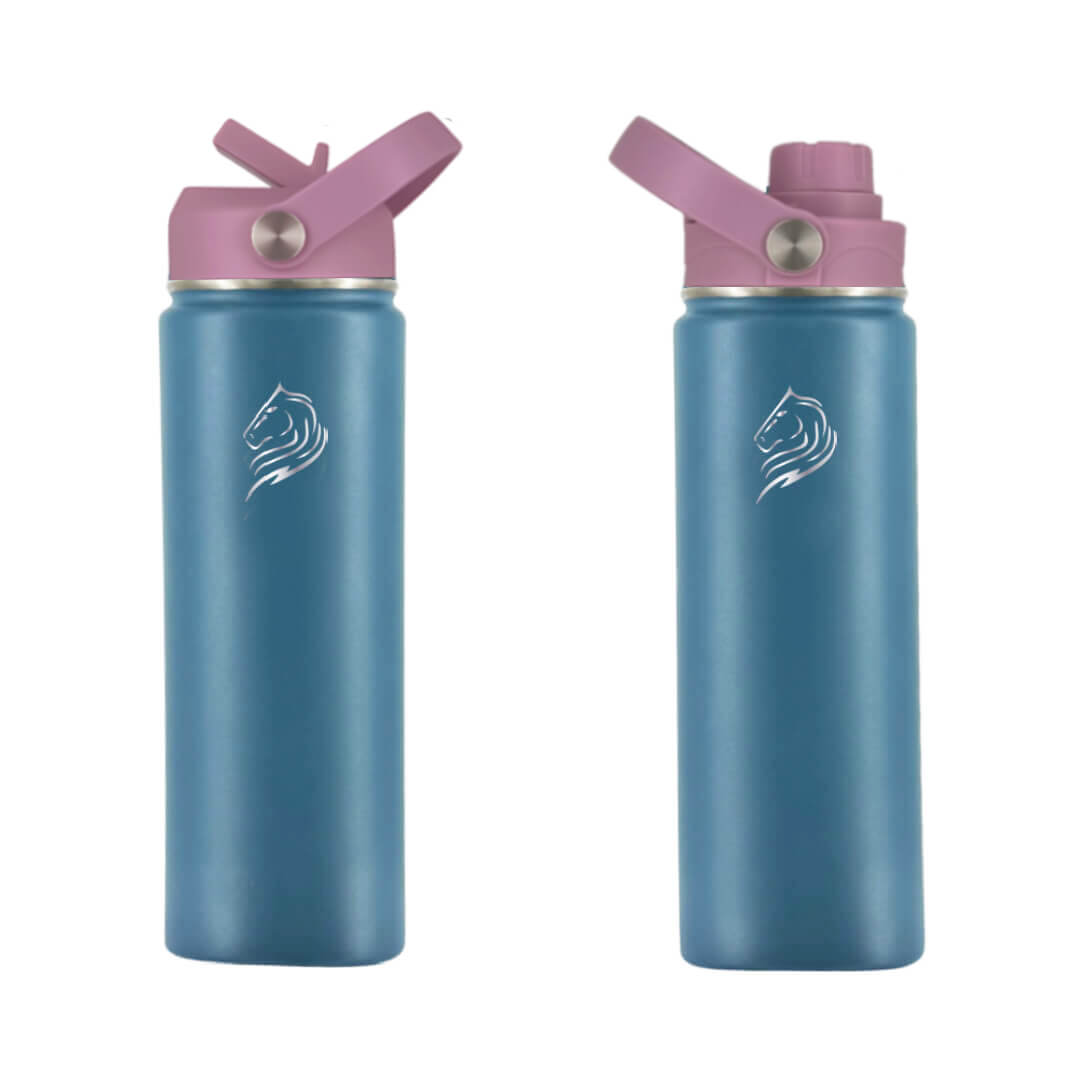 Coolnmore Flow παγουρι θερμος 500ml,  Two blue water bottles with pink lids on a white background