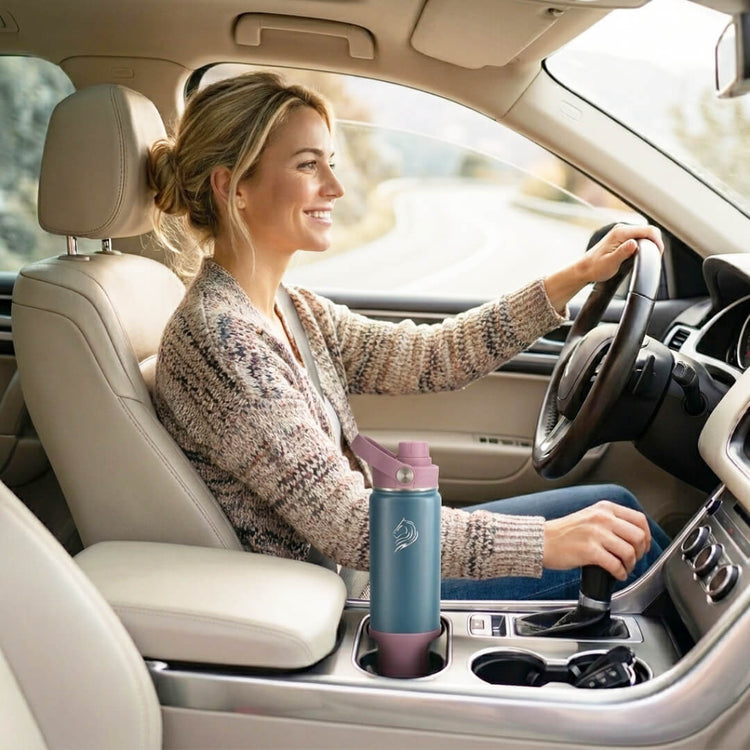 Woman driving a car with a blue and pink water bottle in the cup holder. Coolnmore Flow παγουρι θερμος 500ml