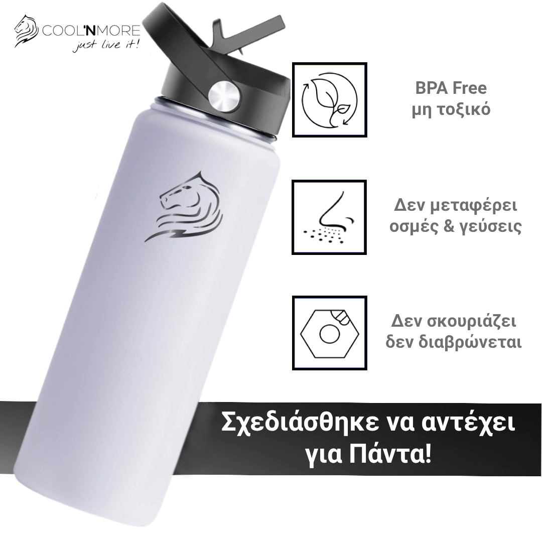 coolnmore frost παγουρι θερμος ανοξειδωτο με καπακι καλαμακι 500ml λευκο, χωρις BPA και τοξικα υλικα, δεν μεταφερει γευσεις, δεν σκουριαζει