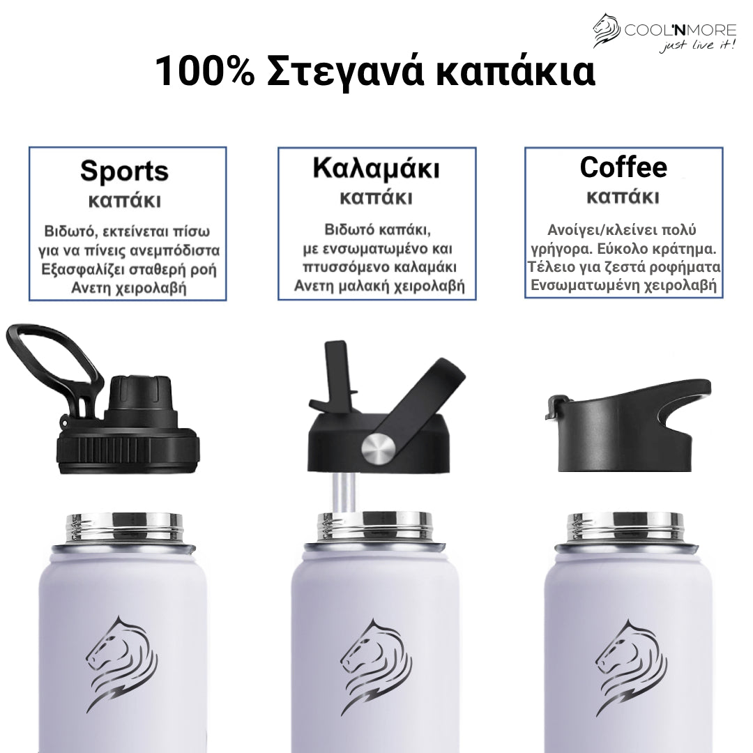 coolnmore frost παγουρι θερμος ανοξειδωτο με καπακι καλαμακι 500ml λευκο, ερχεται με 3 διαφορετικα καπακια 100% στεγανα
