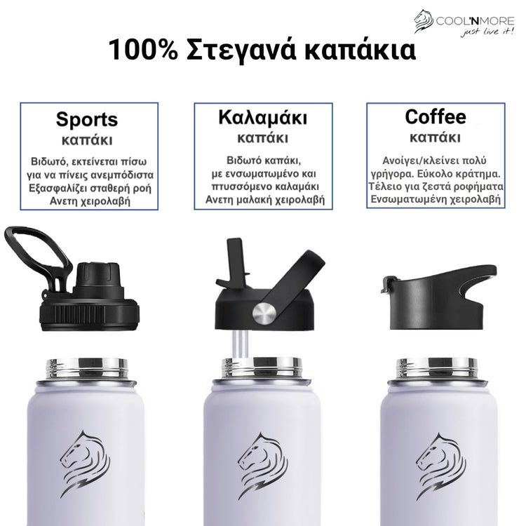 coolnmore frost παγουρι θερμος ανοξειδωτο με καπακι καλαμακι 500ml λευκο, ερχεται με 3 διαφορετικα καπακια 100% στεγανα