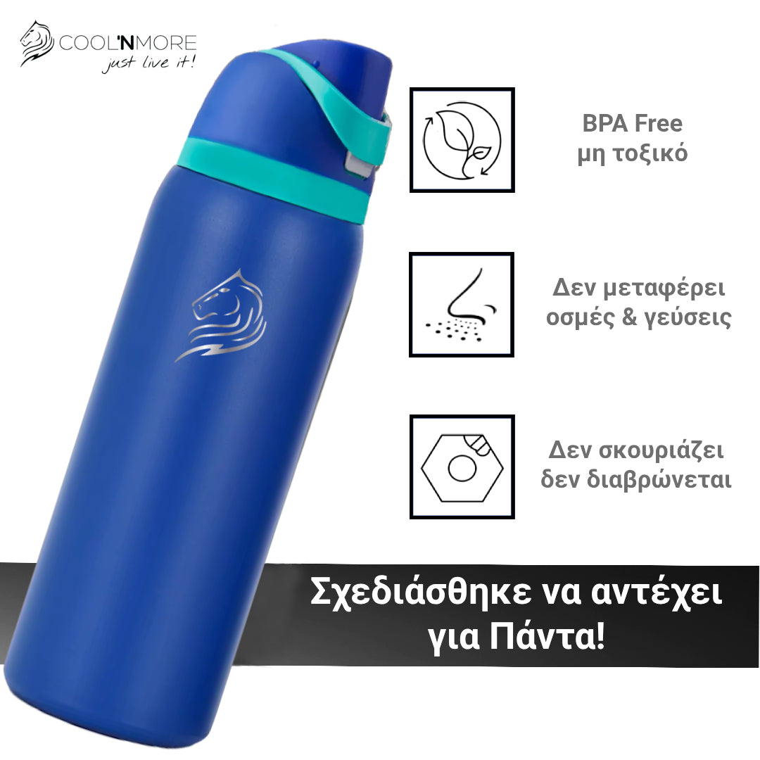Coolnmore HydroMax παγούρι θερμος 1 λιτρο με στεγανο καπακι, κουμπι ανοιγματος, ενσωματωμενο καλαμακι, υγιεινο για χρηση με το ενα χερι, χρωμα pacific blue


