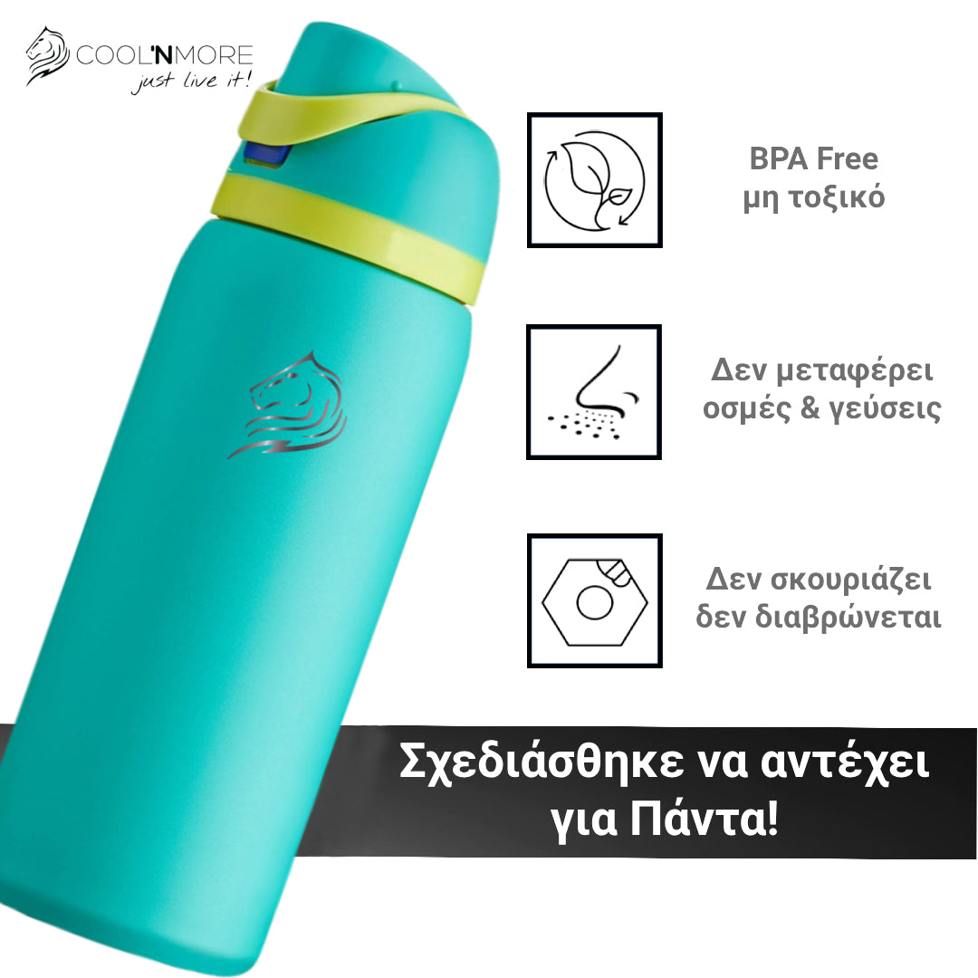 Coolnmore HydroMax παγούρι θερμος 1 λιτρο με στεγανο καπακι, κουμπι ανοιγματος, ενσωματωμενο καλαμακι, υγιεινο για χρηση με το ενα χερι, χρωμα teal