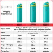 Coolnmore HydroMax παγούρι θερμος  με  καλαμακι, 1 λιτρο  και με 2 σε  1  στεγανο καπακι , ανοξειδωτο μπουκαλι θερμος, χρωμα teal , dimensions