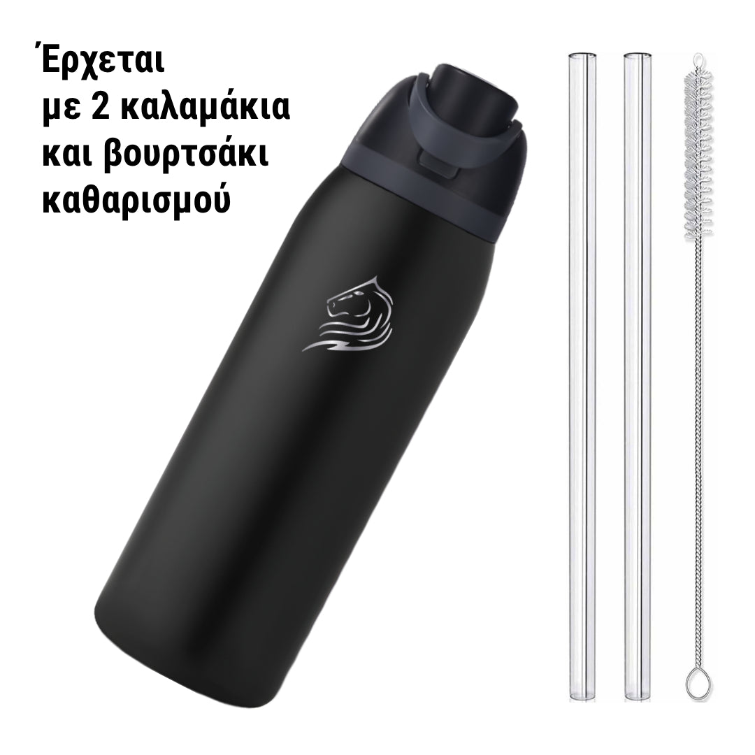 Coolnmore HydroMax παγουρι θερμος  με  καλαμακι, 500ml  και με 2 σε 1 100%  στεγανο καπακι , ανοξειδωτο μπουκαλι θερμος, χρωμα μαυρο, με 2 καλαμακια