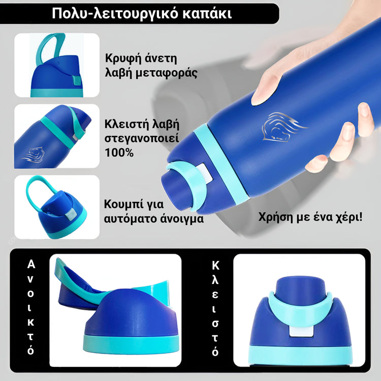 Coolnmore HydroMax παγούρι θερμος  με  καλαμακι, 500ml  και με 2 σε 1 100%  στεγανο καπακι , ανοξειδωτο μπουκαλι θερμος, χρωμα μπλε