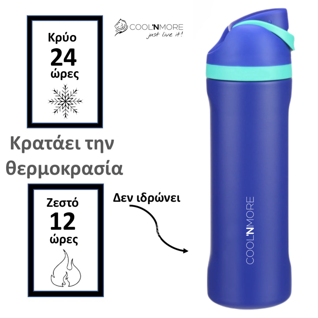 Coolnmore HydroMax παγούρι θερμος 750ml με καλαμακι ενσωματωμενο και 100% στεγανο καπακι με δαχτυλιδια σιλικονης 2 σε 1, κραταει τα ροφηματα 24 ωρες κρυα και 12 ωρες ζεστα, χρωμα pacific blue

