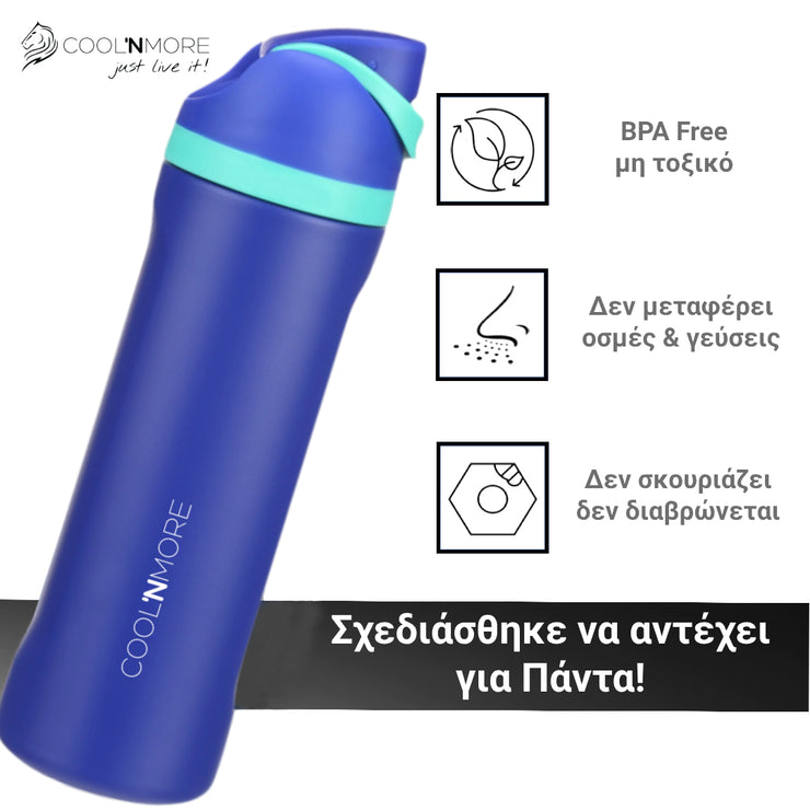 Coolnmore HydroMax παγούρι θερμος 750ml με στεγανο καπακι, αναδιπλουμενο καλαμακι, 100% leak proof, BPA FREE, δεν  αφηνει οσμες και μεταλλικες γευσεις, ανοξειδωτο, βαφη πουδρας, χρωμα pacific blue
