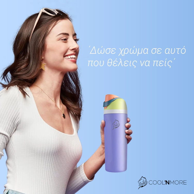 Coolnmore HydroMax παγούρι θερμος  με  καλαμακι, 500ml  και με 2 σε  1  στεγανο καπακι , ανοξειδωτο μπουκαλι θερμος, χρωμα lilac, πολυχρωμο