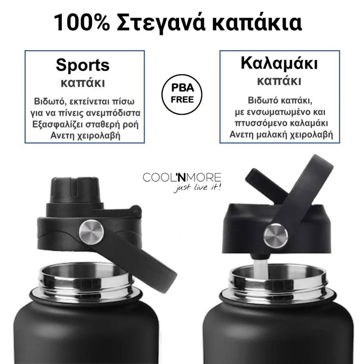 coolnmore Jet Black θερμος καφε νερου 1000ml μαύρο ματ πολλοί λάτρεις του νερού αναφέρουν ότι βλέποντας το καπάκι με το καλαμάκι τους υπενθυμίζει ότι είναι ώρα για ξαναγέμισμα. Το sports καπάκι καθιστά εύκολο να πίνετε γουλιές με σταθερή ροή όλη την ημέρα χωρίς να διακόψετε τον ρυθμό σας