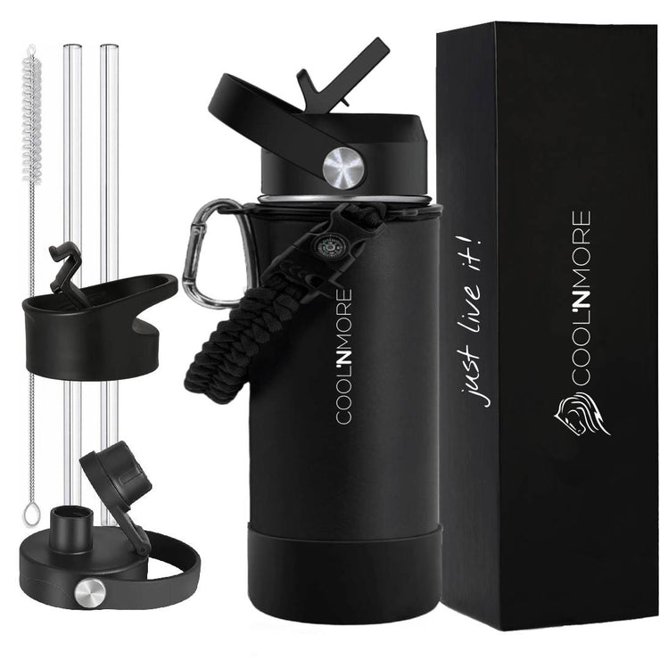 coolnmore jet black μπουκαλι θερμος καφε 350ml με 3 καπακια, paracord χειρολαβη και θηκη σιλικονης