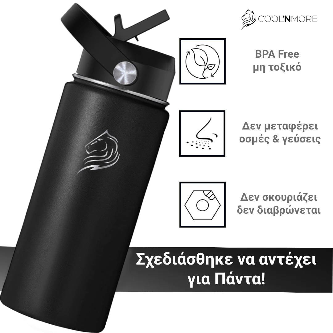 Ανοξείδωτο παγούρι θερμός jet black 350ml bpa free, δεν μεταφερει οσμες και γευσεις, δεν σκουριαζει
