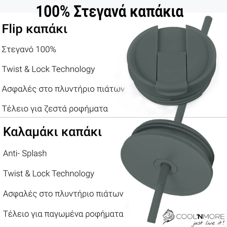 Θερμός καφέ ποτήρι με καλαμάκι Coolnmore lava grey 600ml με 2 στεγανά καπάκια: Καπάκι καλαμάκι: Βιδωτό, στεγανό, ιδανικό για κρύα ροφήματα. Flip top καπάκι: για ζεστό καφέ. 