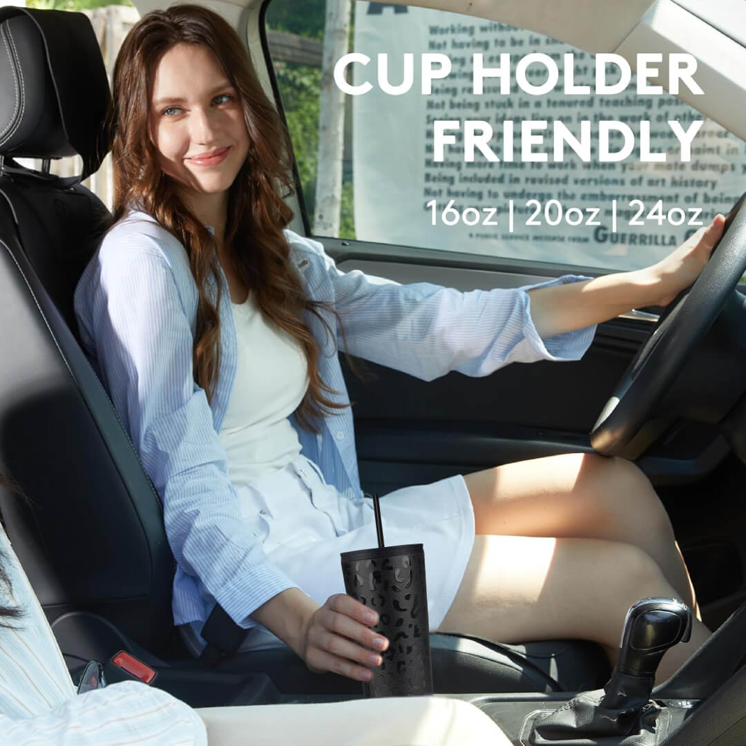 coolnmore black leopard classic tumbler θερμος ποτηρι 750ml ιδανικο για ζεστο καφε ή κρυο και τσάι , χωραει στην ποτηροθήκη