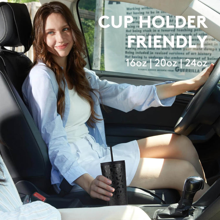 coolnmore black leopard classic tumbler θερμος ποτηρι 750ml ιδανικο για ζεστο καφε ή κρυο και τσάι , χωραει στην ποτηροθήκη