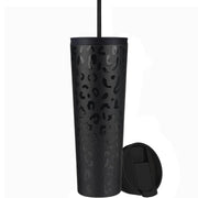 Θερμός καφέ ποτήρι Coolnmore black leopard 750ml από ανοξείδωτο ατσάλι με καλαμάκι. 2 καπάκια: ένα καπάκι καλαμάκι για κρύα ροφήματα και ένα Flip-top καπάκι για ζεστά ροφήματα
