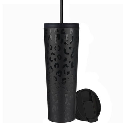 Θερμός καφέ ποτήρι Coolnmore black leopard 750ml από ανοξείδωτο ατσάλι με καλαμάκι. 2 καπάκια: ένα καπάκι καλαμάκι για κρύα ροφήματα και ένα Flip-top καπάκι για ζεστά ροφήματα