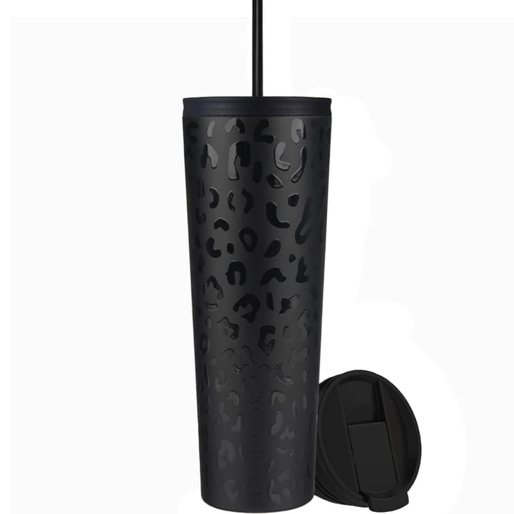 Θερμός καφέ ποτήρι Coolnmore black leopard 750ml από ανοξείδωτο ατσάλι με καλαμάκι. 2 καπάκια: ένα καπάκι καλαμάκι για κρύα ροφήματα και ένα Flip-top καπάκι για ζεστά ροφήματα