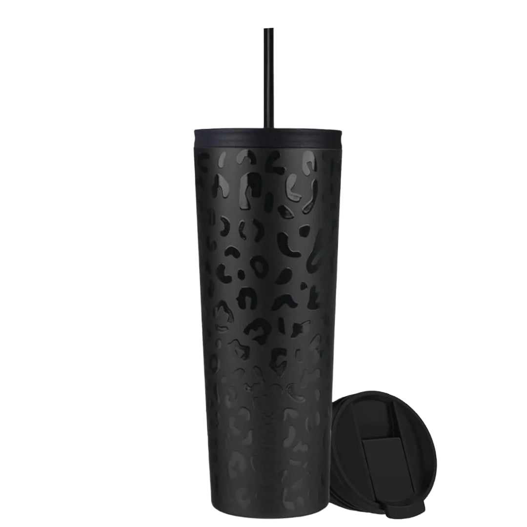 Θερμός καφέ ποτήρι Coolnmore black leopard 750ml από ανοξείδωτο ατσάλι με καλαμάκι. 2 καπάκια: ένα καπάκι καλαμάκι για κρύα ροφήματα και ένα Flip-top καπάκι για ζεστά ροφήματα