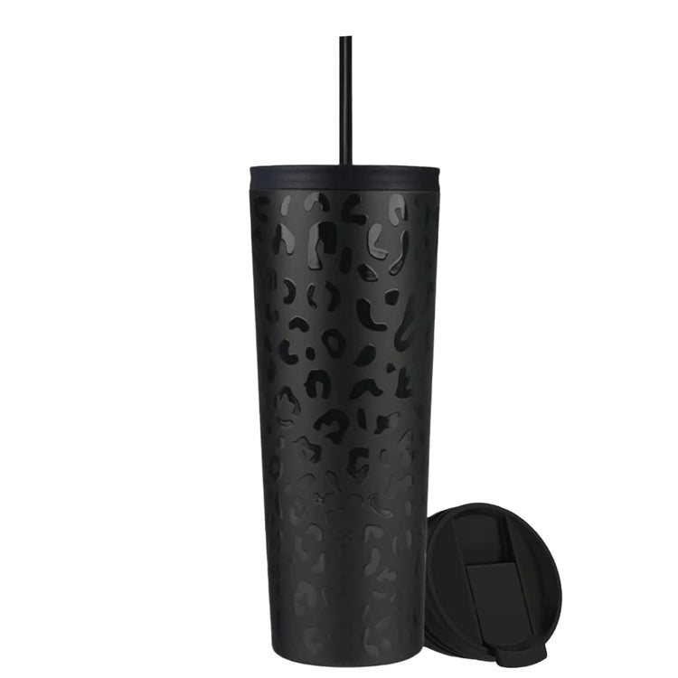 Θερμός καφέ ποτήρι Coolnmore black leopard 750ml από ανοξείδωτο ατσάλι με καλαμάκι. 2 καπάκια: ένα καπάκι καλαμάκι για κρύα ροφήματα και ένα Flip-top καπάκι για ζεστά ροφήματα