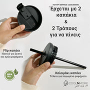 Θερμός καφέ ποτήρι με καλαμάκι Coolnmore black leopard 750ml με 2 στεγανά καπάκια: διπλου τοιχωματος Καπάκι καλαμάκι για κρύα ροφήματα. Flip top καπάκι για ζεστό καφέ