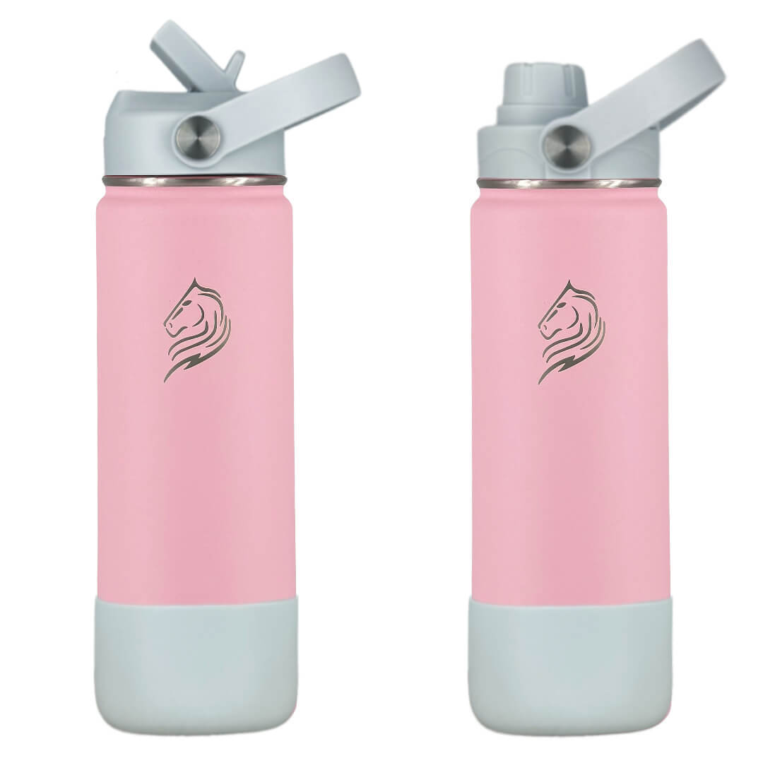 Two pink water bottles with gray accents on a white background for Coolnmore Lotus παγουρι θερμος 500ml. Pink and light blue