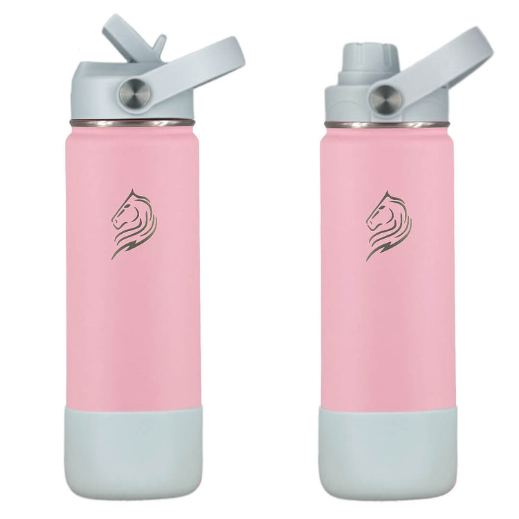 Two pink water bottles with gray accents on a white background for Coolnmore Lotus παγουρι θερμος 500ml. Pink and light blue