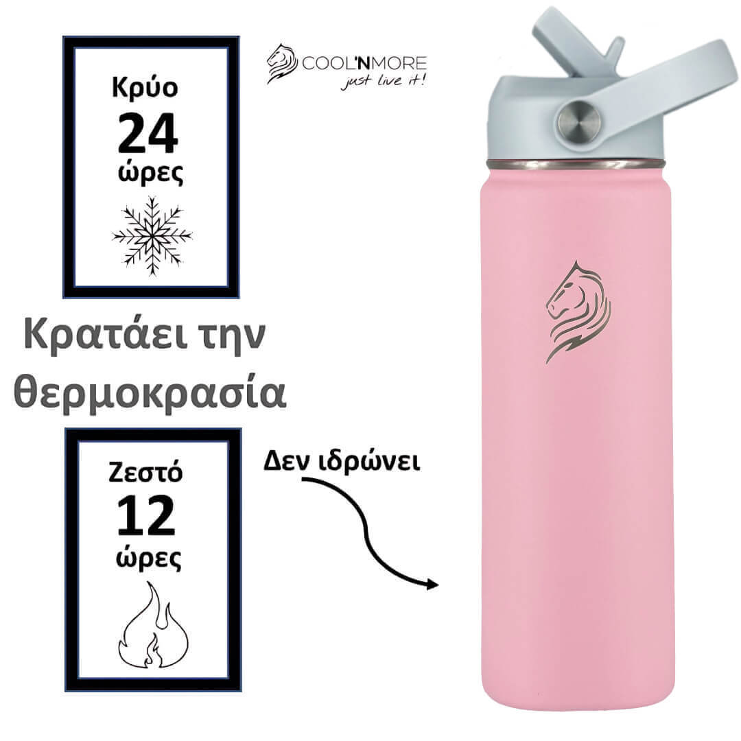 Coolnmore Lotus παγουρι θερμος 500ml. Pink and light blue insulated bottle with brand logo and temperature display text on a white background
