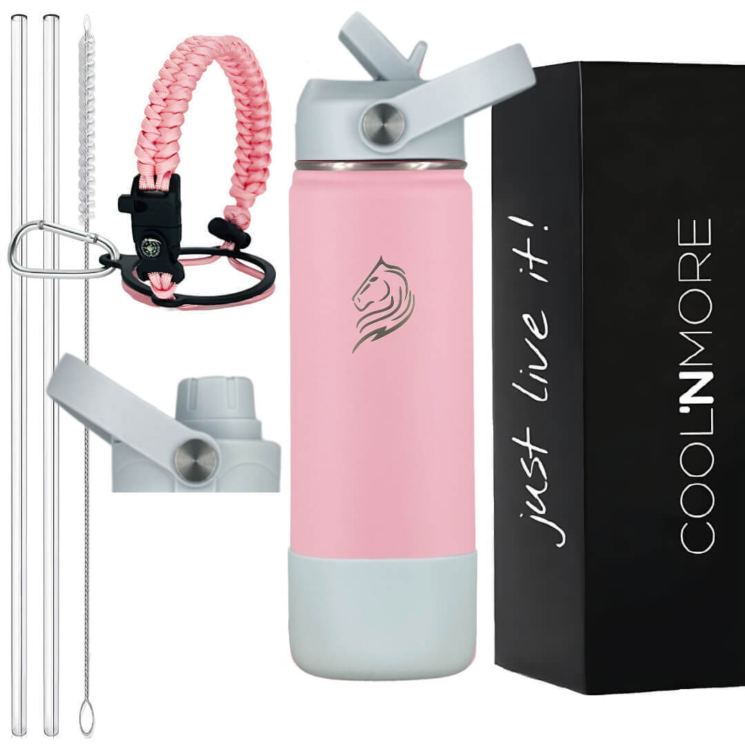 Coolnmore Lotus παγουρι θερμος 500ml. Pink and light blue water bottle with accessories and 'Cool'n'More' packaging.