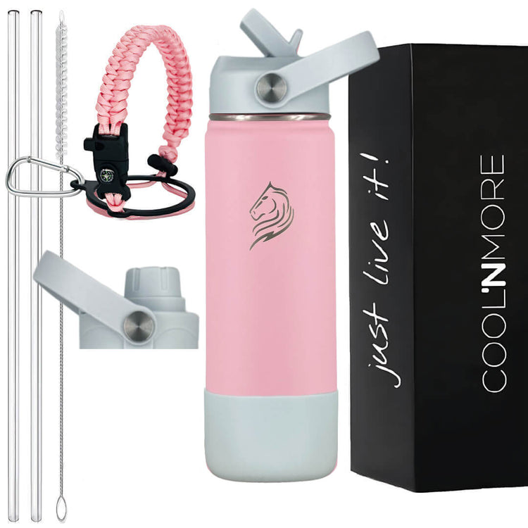Coolnmore Lotus παγουρι θερμος 500ml. Pink and light blue water bottle with accessories and 'Cool'n'More' packaging.