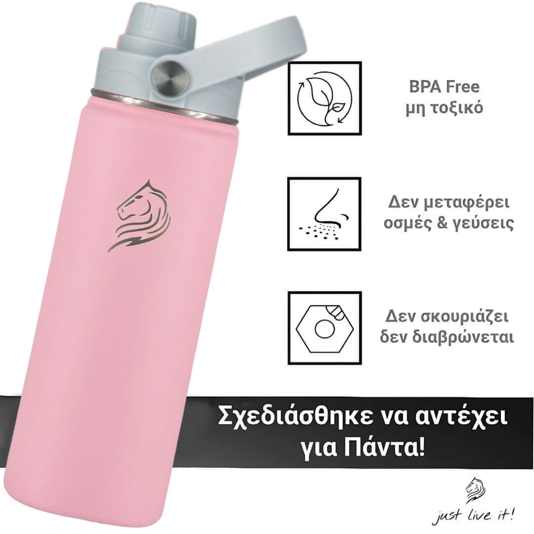 Coolnmore Lotus παγουρι θερμος 500ml. Pink and light blue water bottle with gray cap on a white background, featuring BPA-free and other product details.