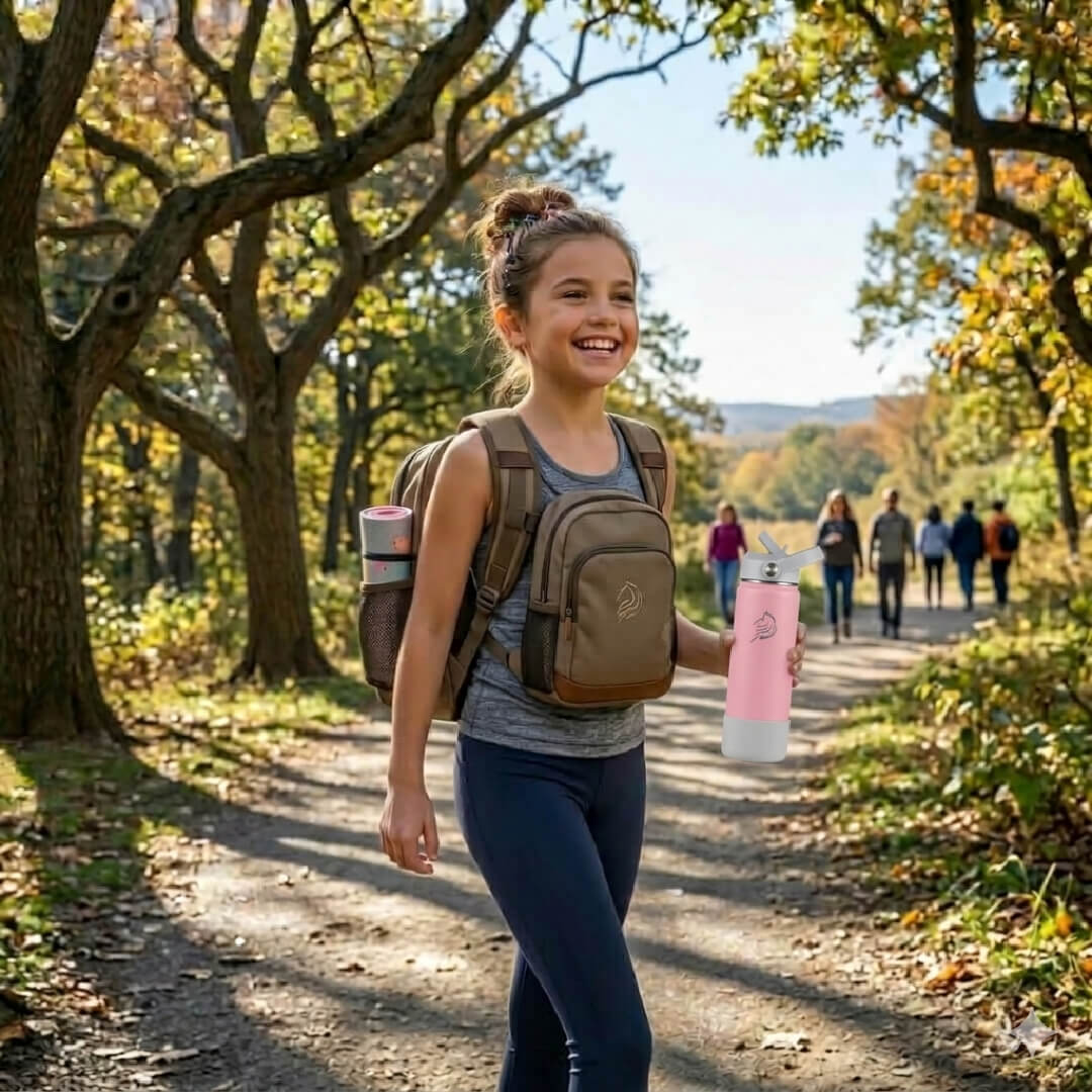 Girl with a backpack and pink water bottle walking on a trail in a park. Coolnmore Lotus παγουρι θερμος 500ml. Pink and light blue