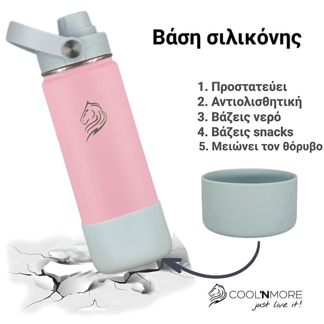 Pink water bottle with silicone base and text on a white background for Coolnmore Lotus παγουρι θερμος 500ml. color Pink and light blue