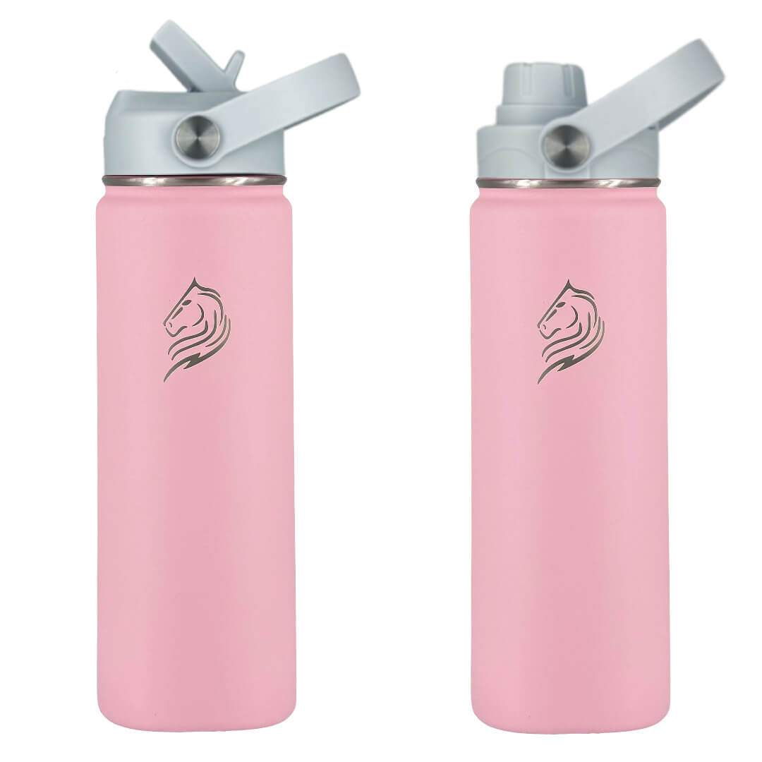 Coolnmore Lotus παγουρι θερμος 500ml. Pink and light blue. Two pink water bottles with silver lids on a white background