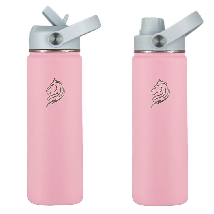 Coolnmore Lotus παγουρι θερμος 500ml. Pink and light blue. Two pink water bottles with silver lids on a white background
