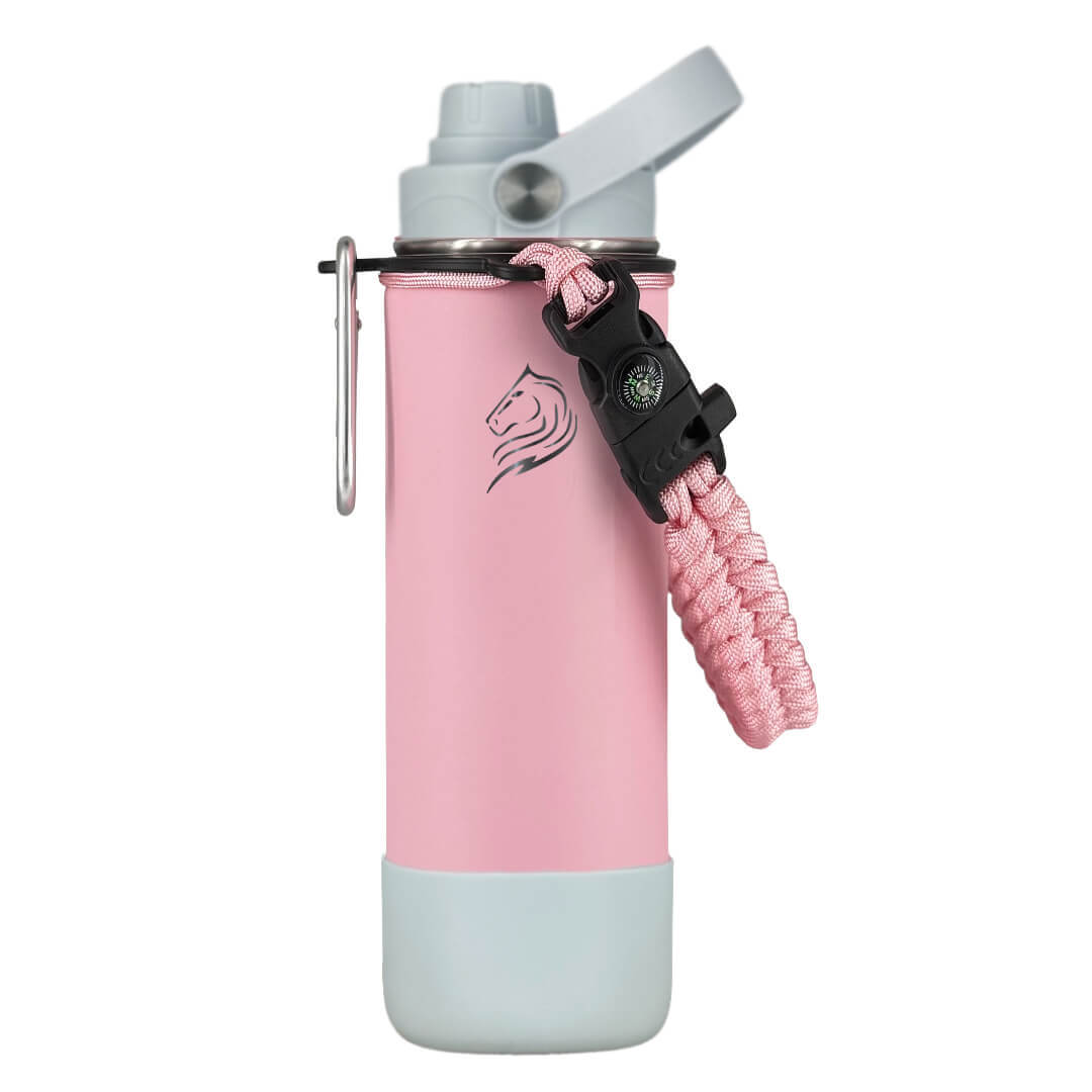 Coolnmore Lotus παγουρι θερμος 500ml. Pink and light blue water bottle with a blue cap and pink paracord on a white background