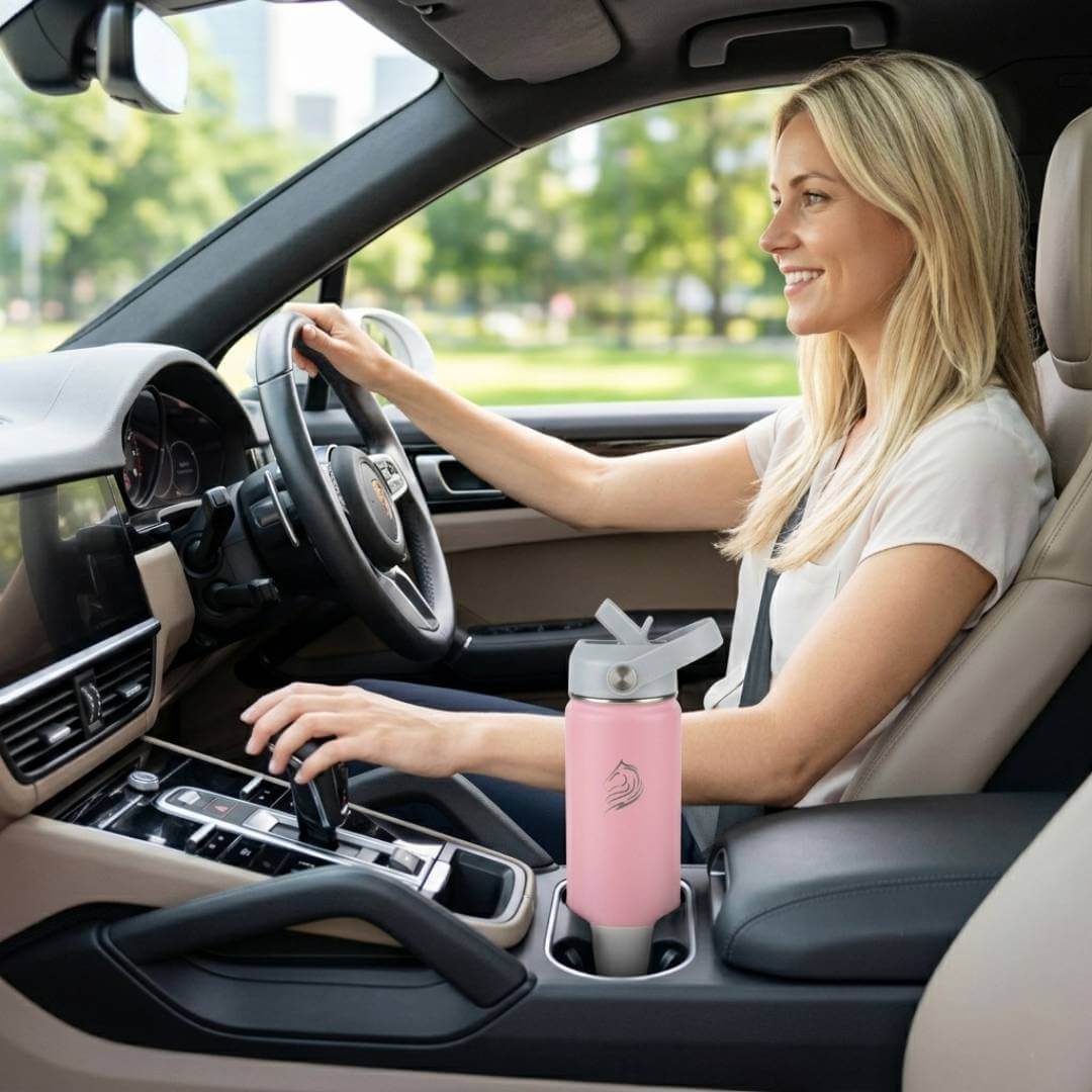 Coolnmore Lotus παγουρι θερμος 500ml. Woman sitting in a car with a pink water bottle in the cup holder
