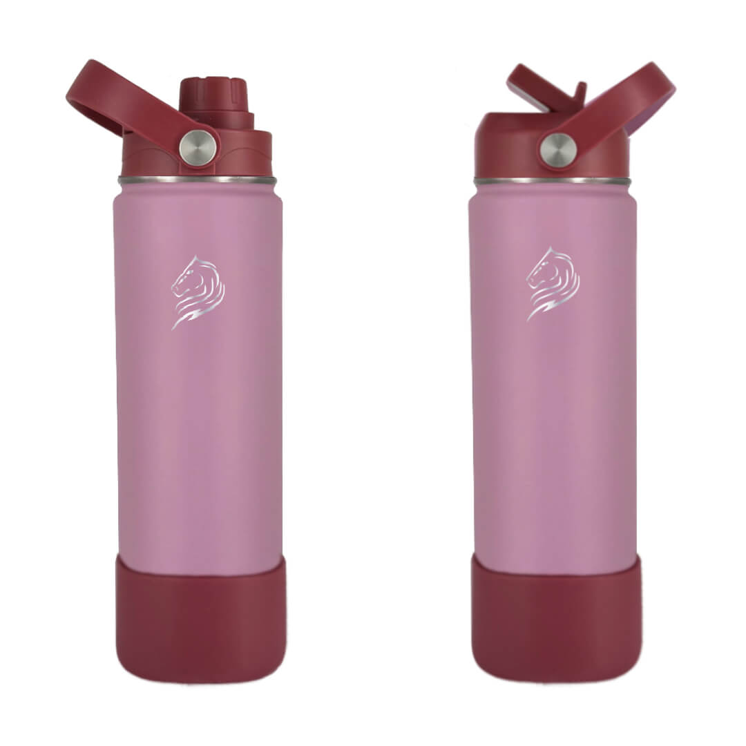 Coolnmore Luna παγουρι θερμος νερου 500ml με 2 διαφορετικα καπακια και βαση σιλικονης.  Two purple water bottles with red accents on a white background